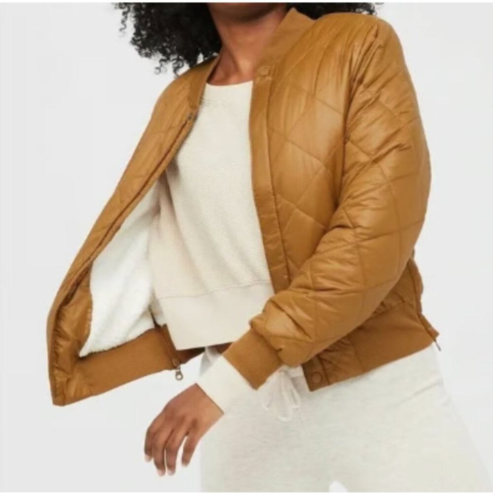 Offline by Aerie Mustard Quilted Bomber Jacket Cozy Sherpa Lined Medium